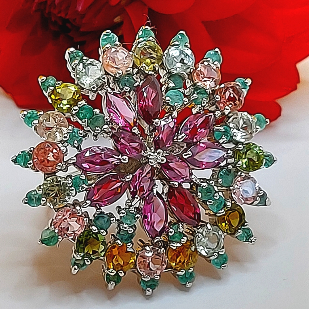 Natural Rhodolite‎ Garnet, Emerald, Tourmaline Gems 925 Sterling Silver Ring 7.5